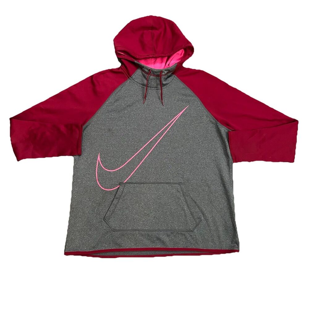 Nike Womens Dri-Fit Size XL Therma Pullover Hoodie 803451-010 Gray Maroon Swoosh